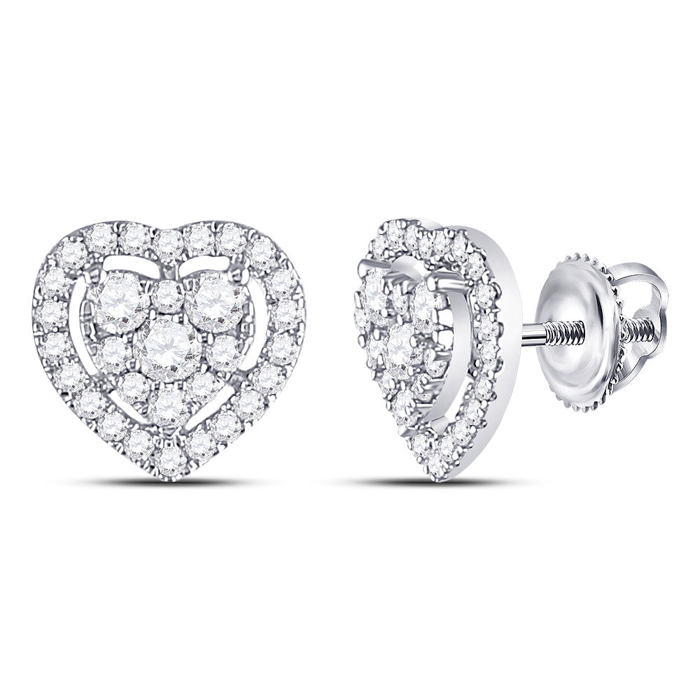 10kt White Gold Womens Round Diamond Heart Cluster Earrings 3/4 Cttw