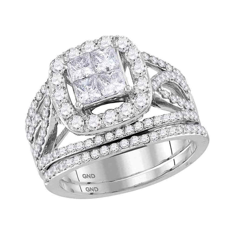 14kt White Gold Princess Diamond Halo Bridal Wedding Ring Band Set 2 Cttw