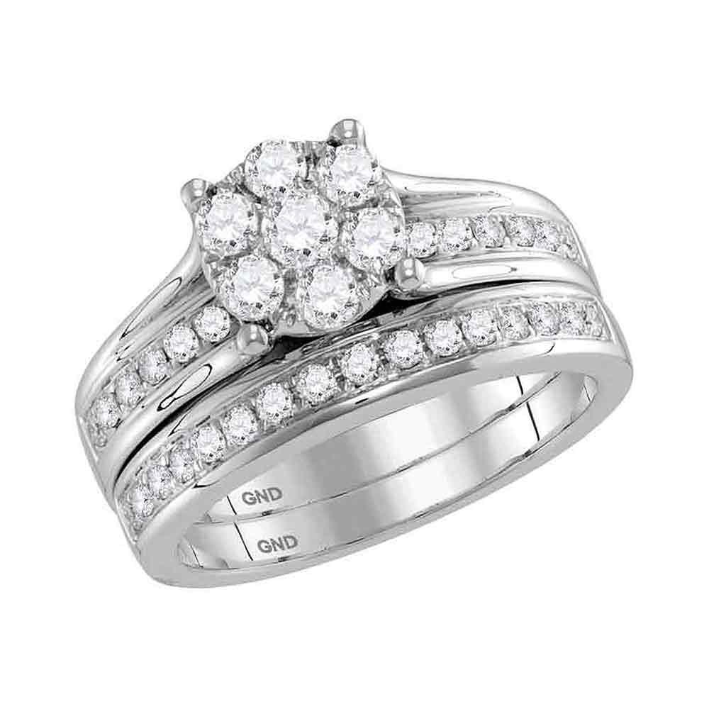 14kt White Gold Round Diamond Cluster Bridal Wedding Ring Band Set 1 Cttw