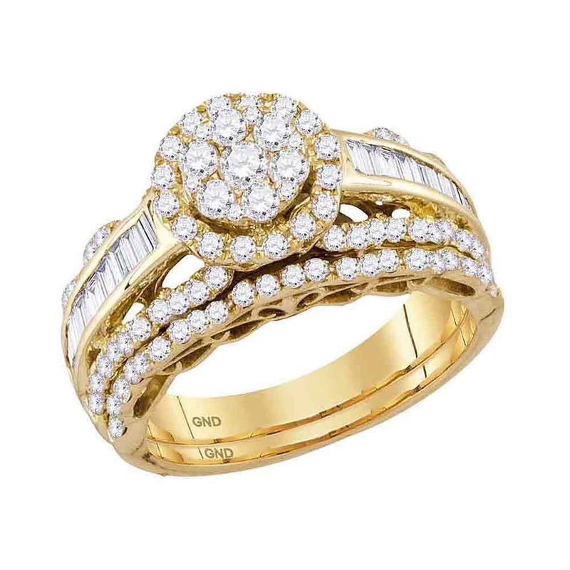 14kt Yellow Gold Round Diamond Cluster Bridal Wedding Ring Band Set 1-1/2 Cttw