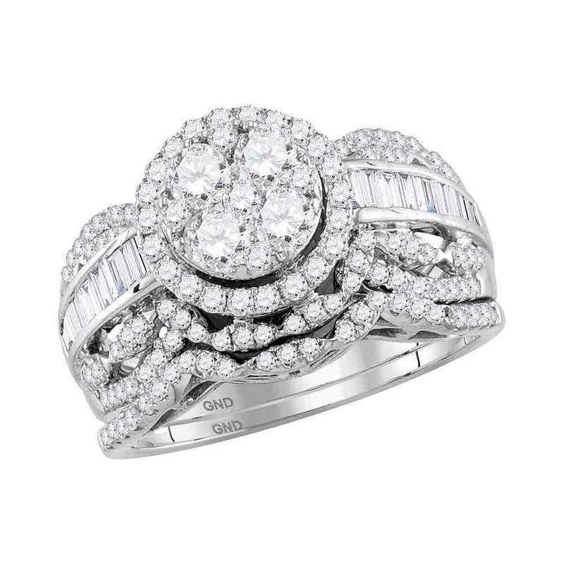 14kt White Gold Round Diamond Cluster Bridal Wedding Ring Band Set 1-1/2 Cttw