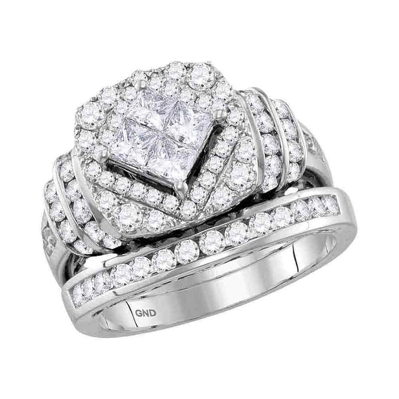 14kt White Gold Princess Diamond Bridal Wedding Ring Band Set 2 Cttw