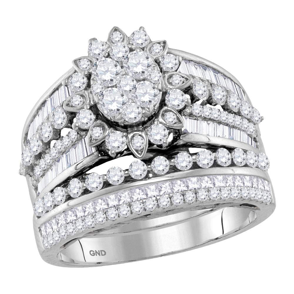 14kt White Gold Round Diamond Cluster Bridal Wedding Ring Band Set 2 Cttw