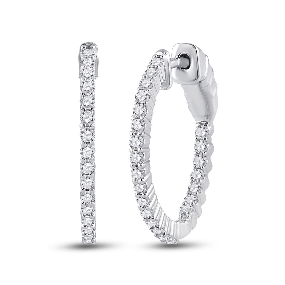 14kt White Gold Womens Round Diamond Single Row Hoop Earrings 1/2 Cttw