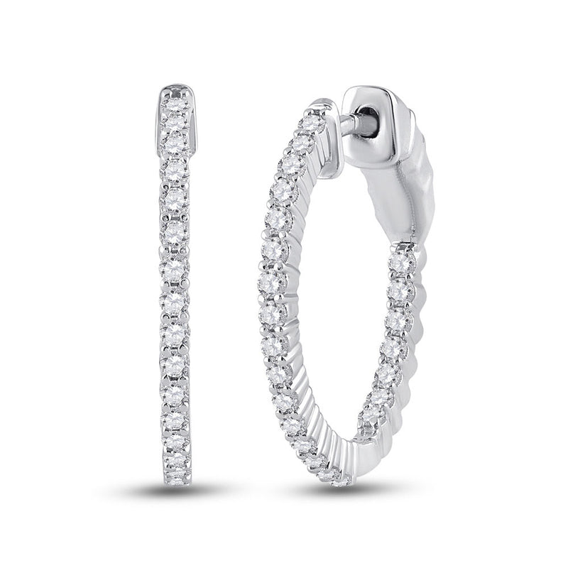 14kt White Gold Womens Round Diamond Single Row Hoop Earrings 1/2 Cttw