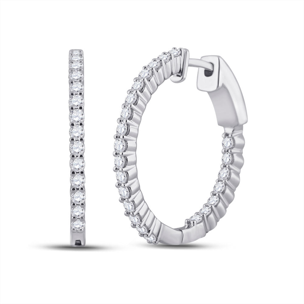 14kt White Gold Womens Round Diamond Inside Outside Hoop Earrings 1 Cttw