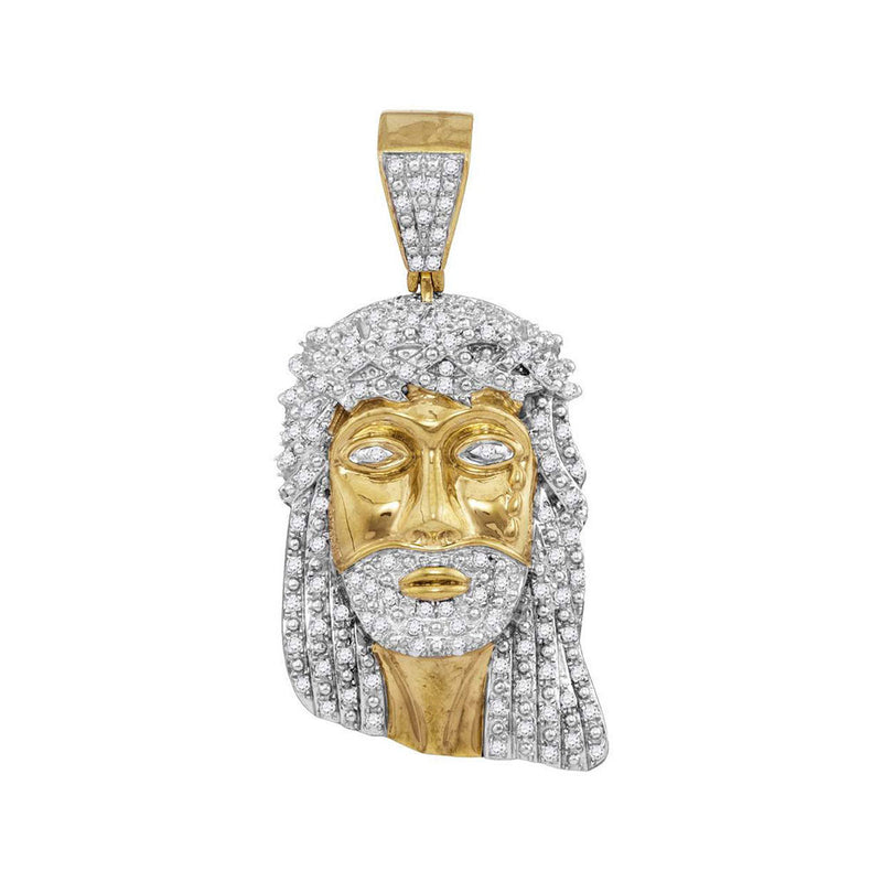 10kt Yellow Gold Mens Round Diamond Jesus Face Charm Pendant 7/8 Cttw