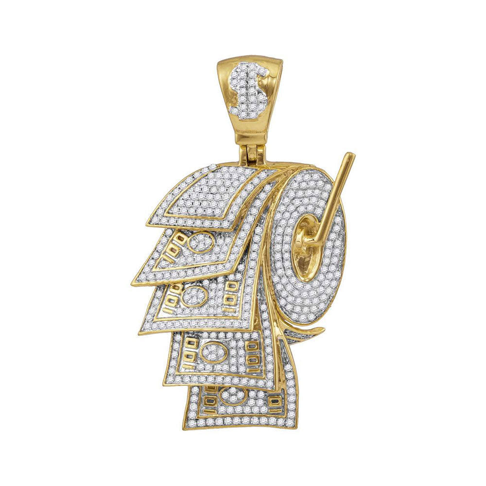 10kt Yellow Gold Mens Round Diamond Dollar Bill Toilet Paper Roll Charm Pendant 2-7/8 Cttw