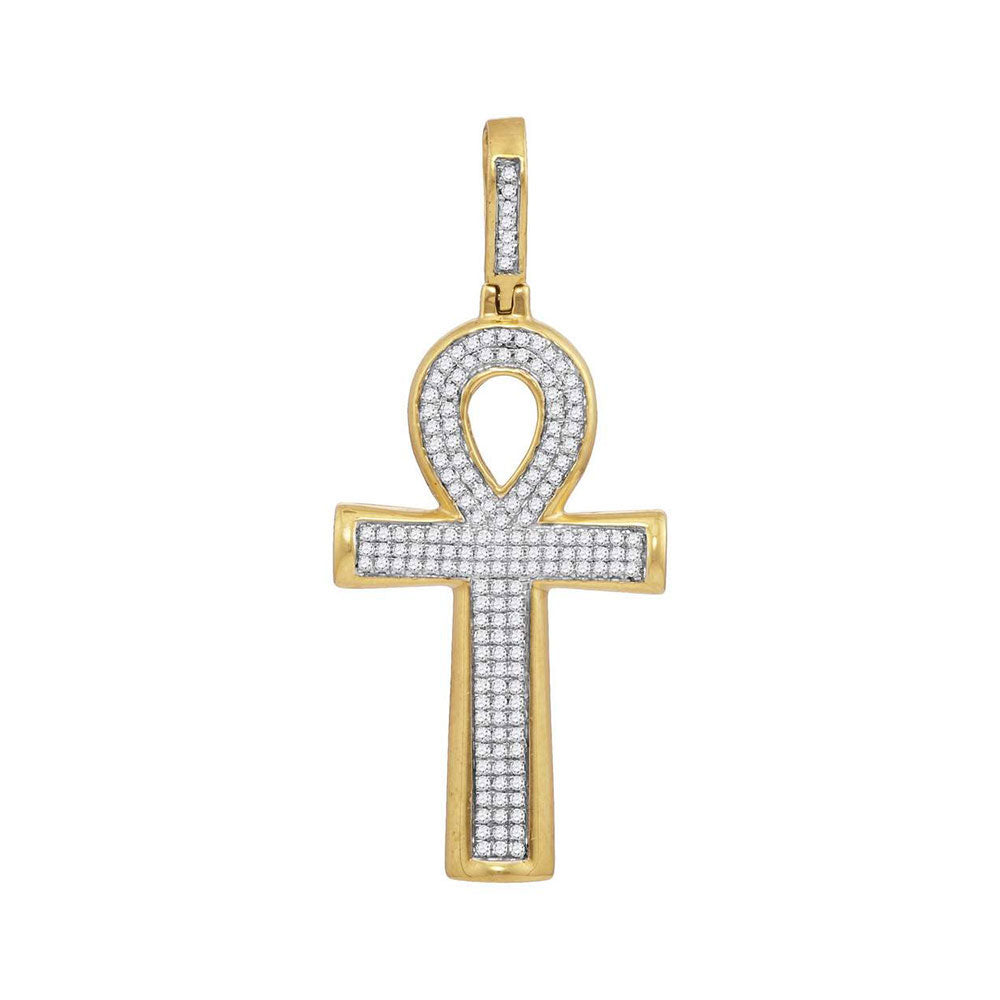 10kt Yellow Gold Mens Round Diamond Ankh Cross Charm Pendant 1/3 Cttw