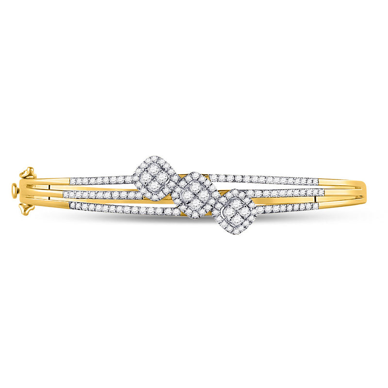 14kt Yellow Gold Womens Round Diamond Triple Cluster Bangle Bracelet 1-1/4 Cttw