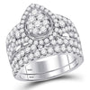 14kt White Gold Round Diamond Pear Cluster Bridal Wedding Ring Band Set 3 Cttw