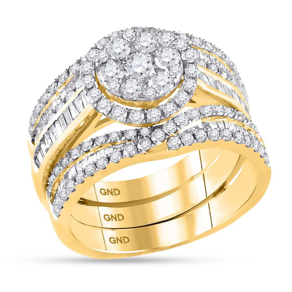 14kt Yellow Gold Round Diamond Cluster Bridal Wedding Ring Band Set 2 Cttw