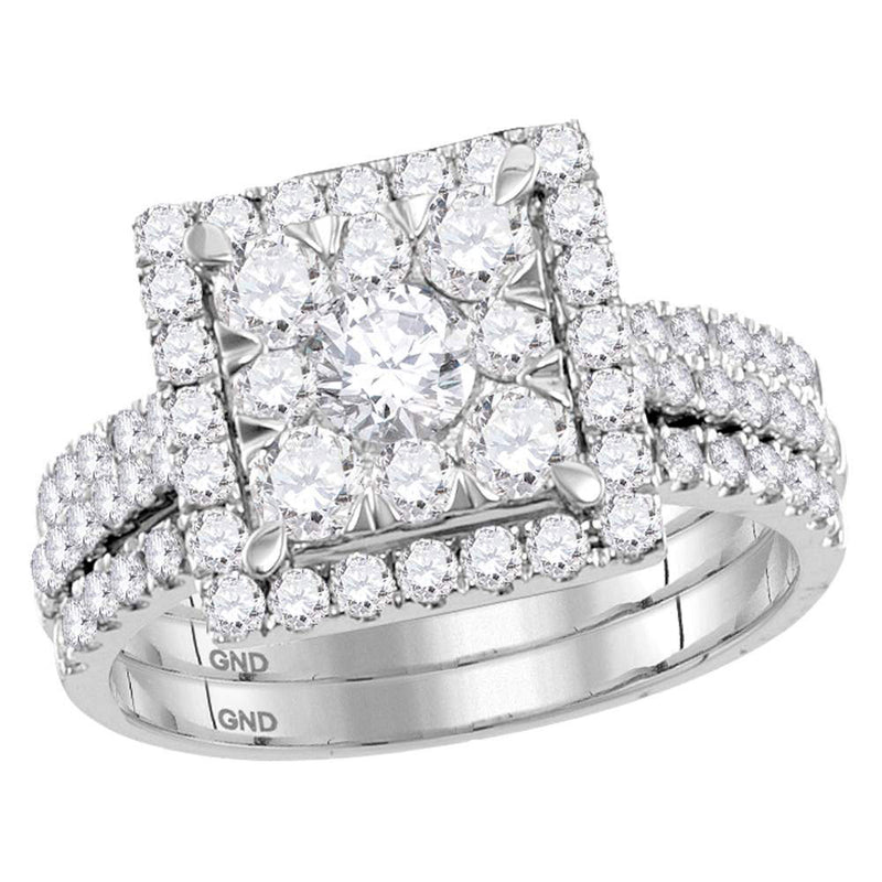 14kt White Gold Round Diamond Square Bridal Wedding Ring Band Set 2 Cttw