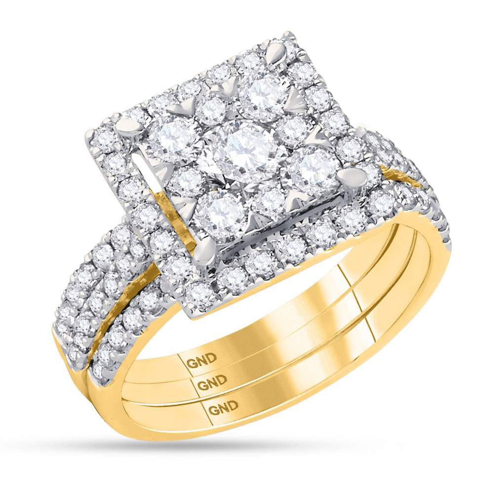 14kt Yellow Gold Round Diamond Square Bridal Wedding Ring Band Set 2 Cttw