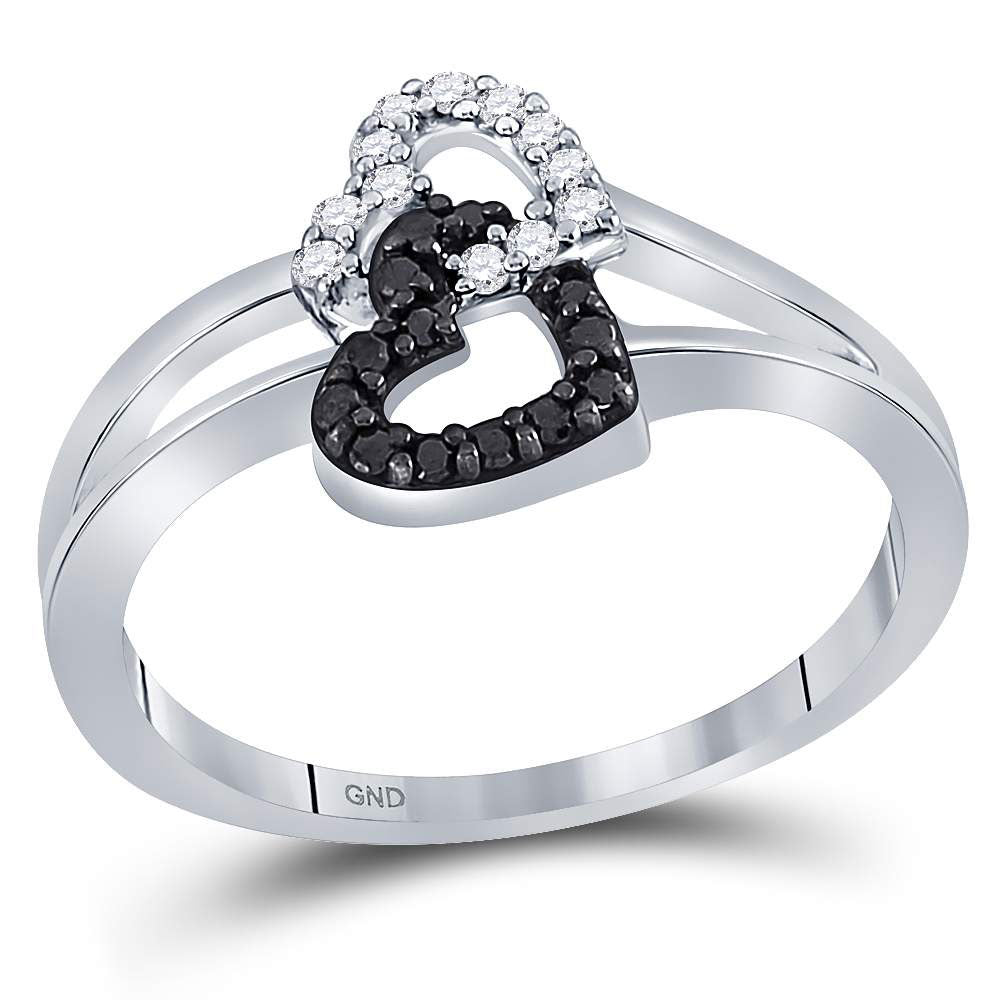 Sterling Silver Womens Round Black Color Enhanced Diamond Double Heart Ring 1/6 Cttw - Size 8