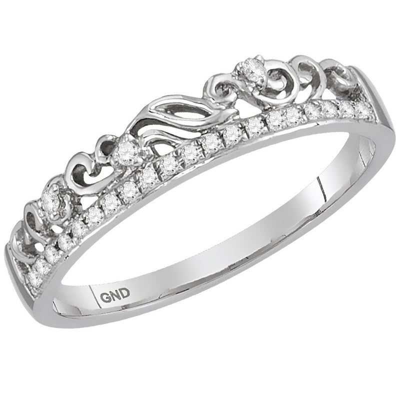 14kt White Gold Womens Round Diamond Floral Accent Stackable Band Ring 1/12 Cttw