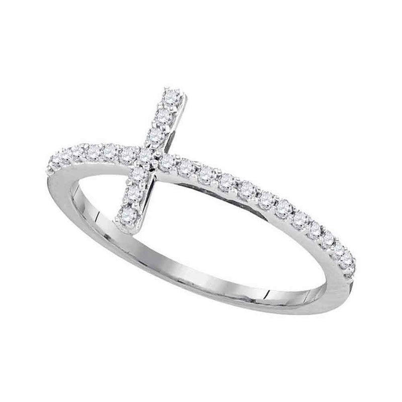 10kt White Gold Womens Round Diamond Cross Slender Band Ring 1/5 Cttw - Size 6