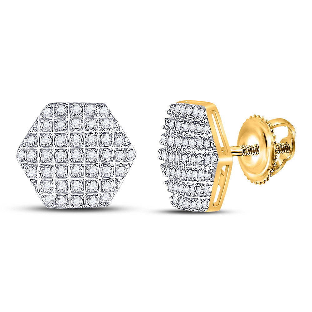 10kt Yellow Gold Mens Round Diamond Hexagon Earrings 1/5 Cttw