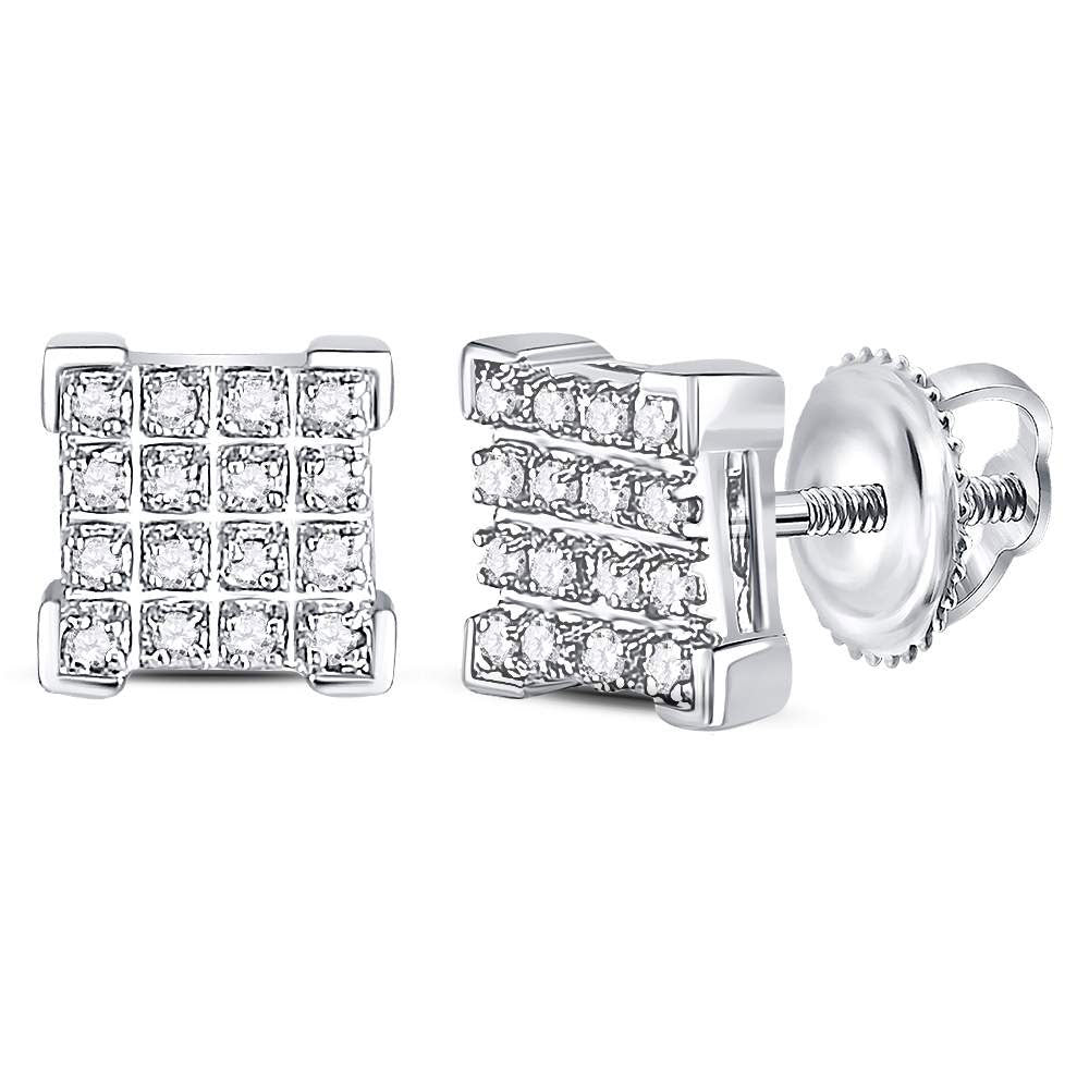 10kt White Gold Mens Round Diamond Square Cluster Earrings 1/10 Cttw