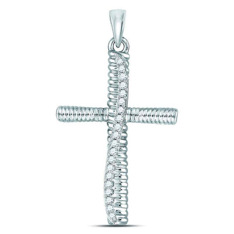 10kt White Gold Womens Round Diamond Textured Cross Pendant 1/6 Cttw