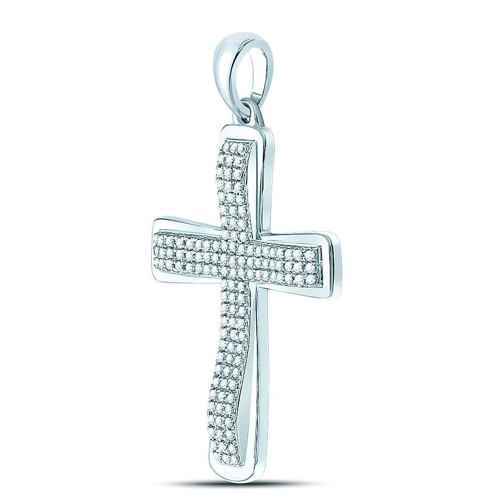 10kt White Gold Mens Round Diamond Roman Cross Charm Pendant 1/3 Cttw