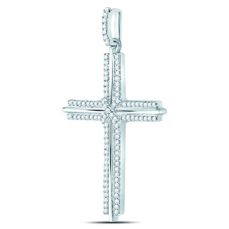 10kt White Gold Mens Round Diamond Roman Cross Charm Pendant 1/4 Cttw