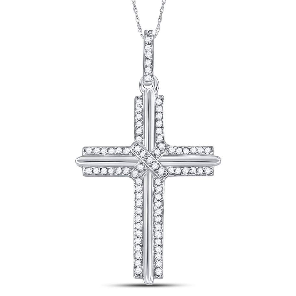 10kt White Gold Mens Round Diamond Cross Charm Pendant 1/5 Cttw