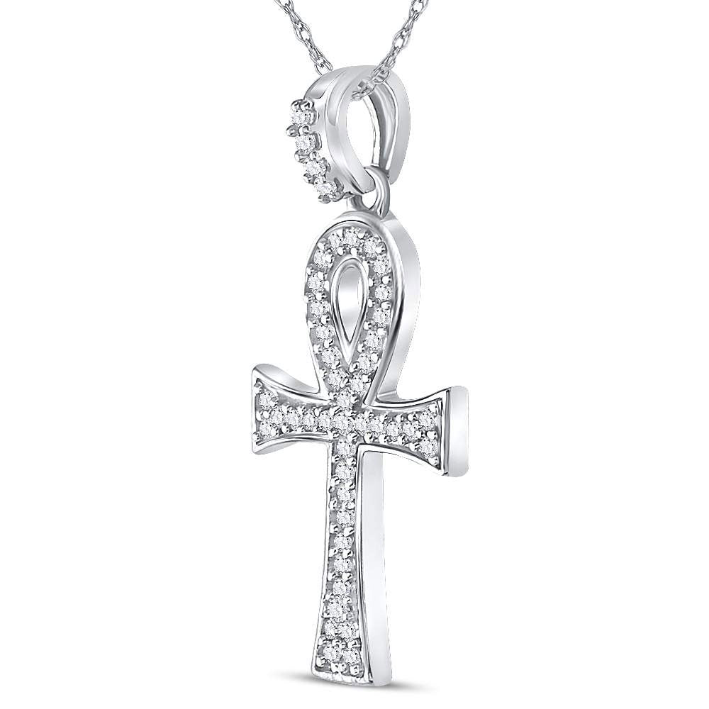 10kt White Gold Mens Round Diamond Ankh Cross Charm Pendant 1/5 Cttw