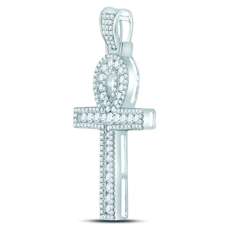 10kt White Gold Mens Round Diamond Ankh Cross Charm Pendant 1 Cttw