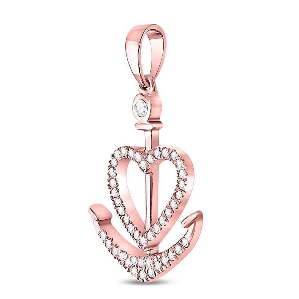 14kt Rose Gold Womens Round Diamond Heart Anchor Pendant 1/8 Cttw