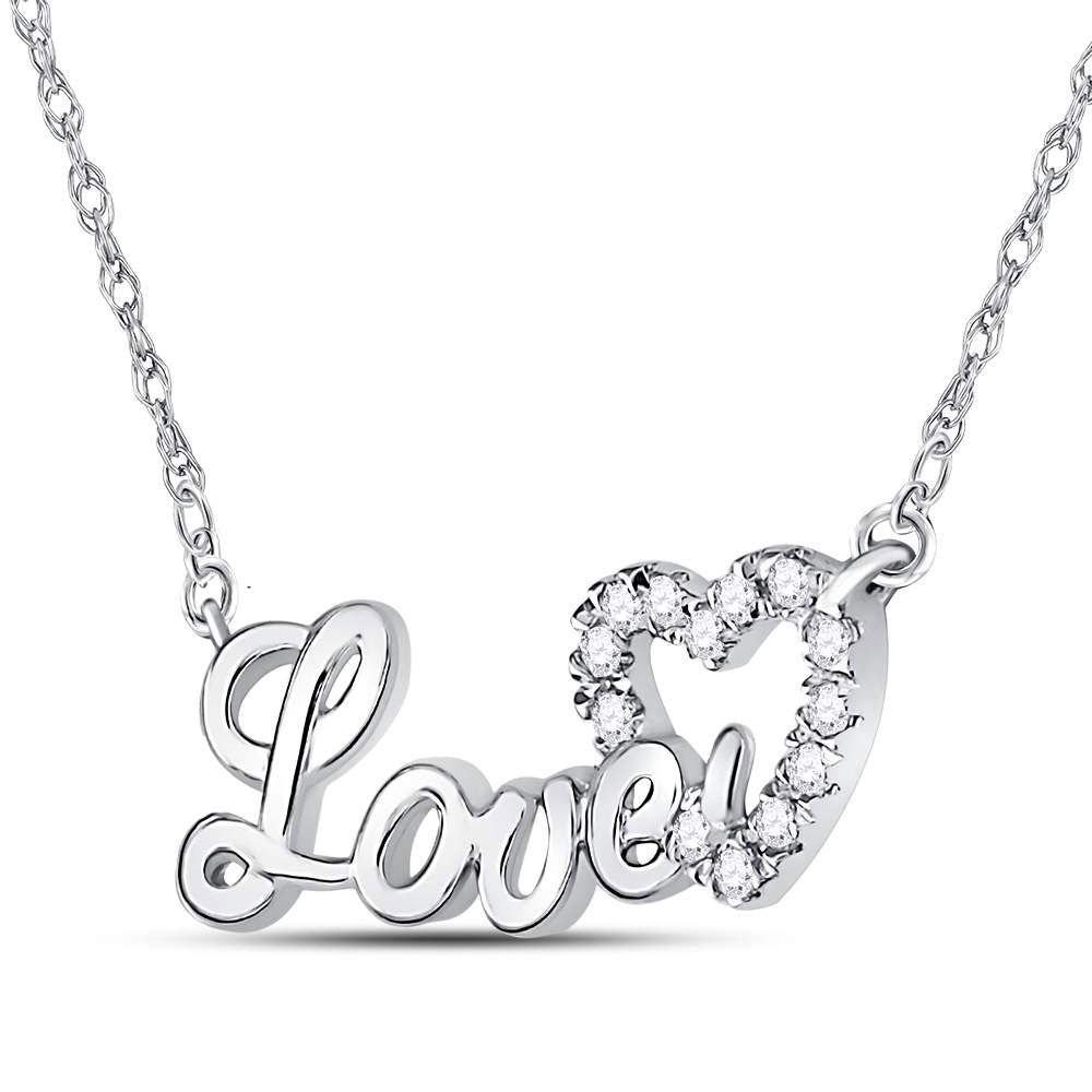 10kt White Gold Womens Round Diamond Love Heart Pendant Necklace 1/6 Cttw