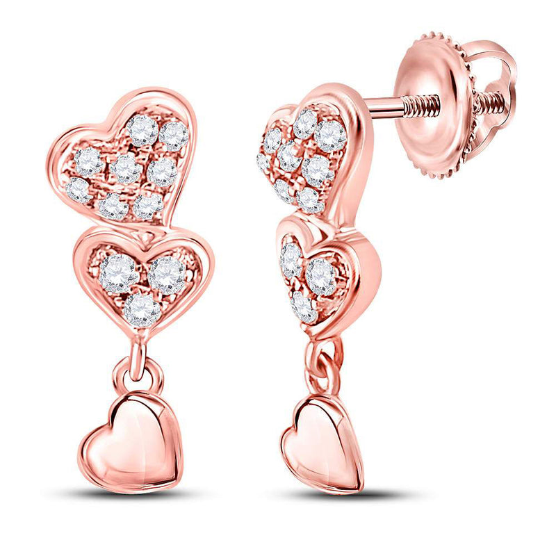 14kt Rose Gold Womens Round Diamond Triple Heart Dangle Earrings 1/6 Cttw