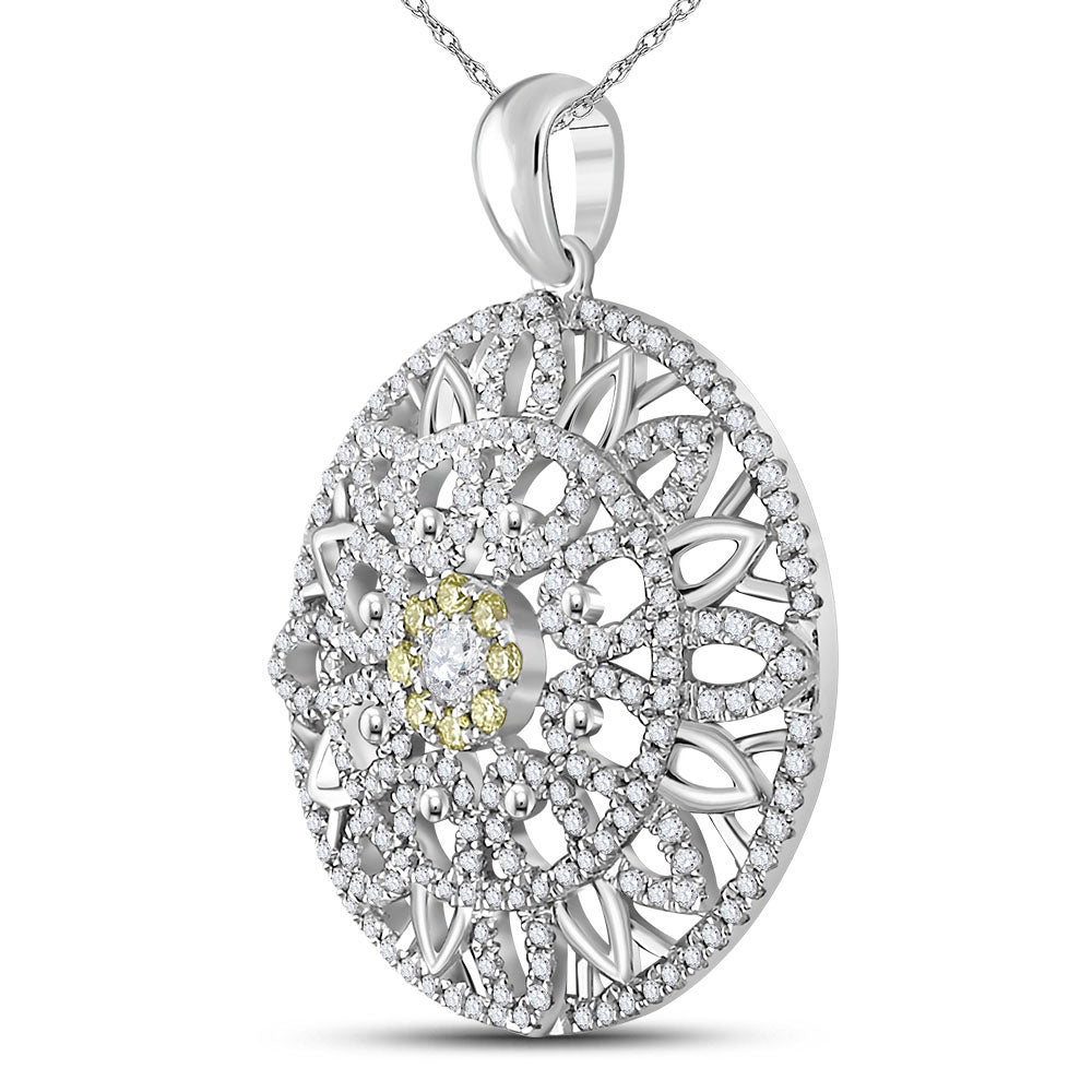 14kt White Gold Womens Round Diamond Mandala Circle Pendant 1 Cttw