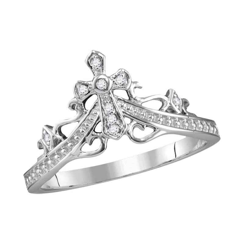 14kt White Gold Womens Round Diamond Cross Crown Tiara Band Ring 1/20 Cttw