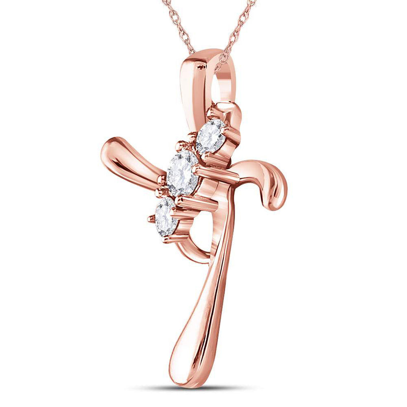 14kt Rose Gold Womens Round Diamond 3-Stone Cross Pendant 1/8 Cttw