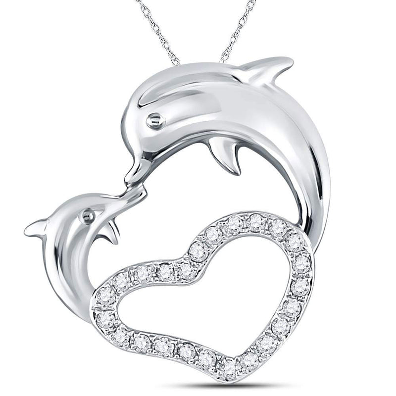 14kt White Gold Womens Round Diamond Double Dolphin Heart Pendant 1/6 Cttw