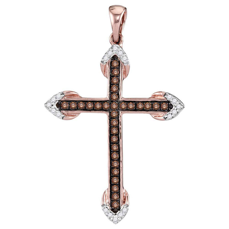 14kt Rose Gold Womens Round Brown Diamond Cross Pendant 1/4 Cttw