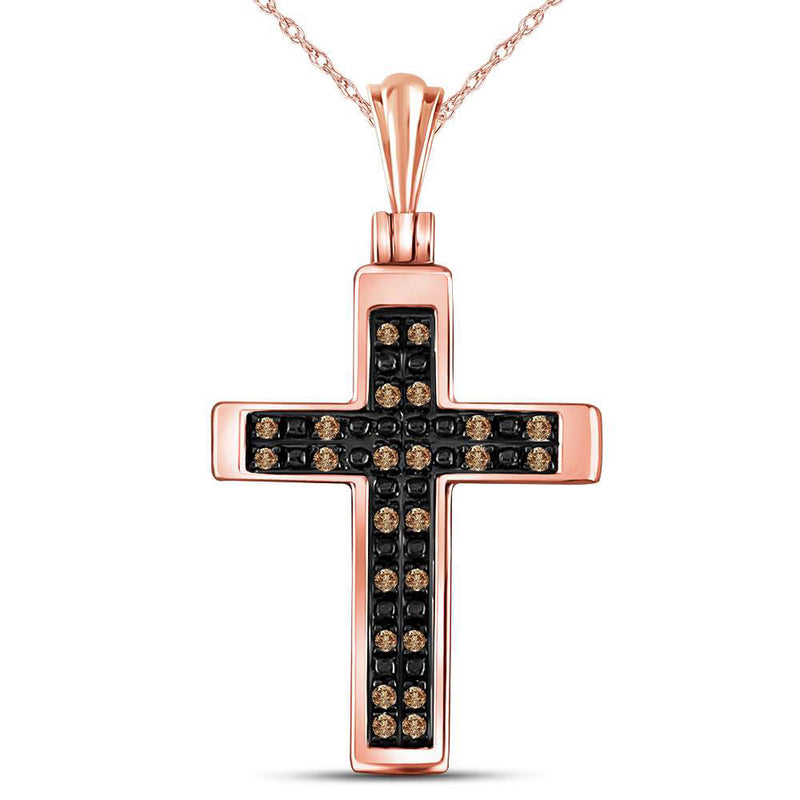 14kt Rose Gold Womens Round Brown Diamond Cross Pendant 1/8 Cttw