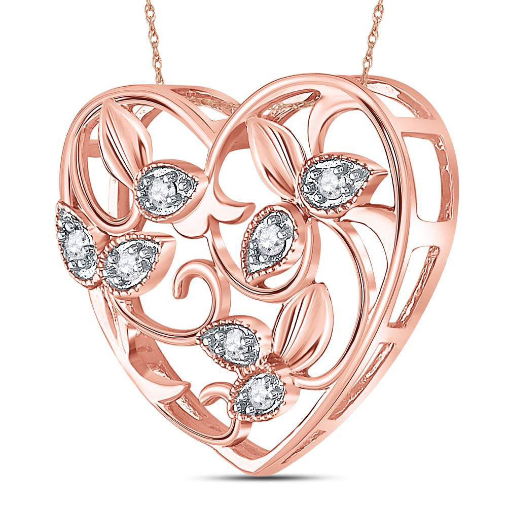 14kt Rose Gold Womens Round Diamond Floral Heart Pendant 1/6 Cttw