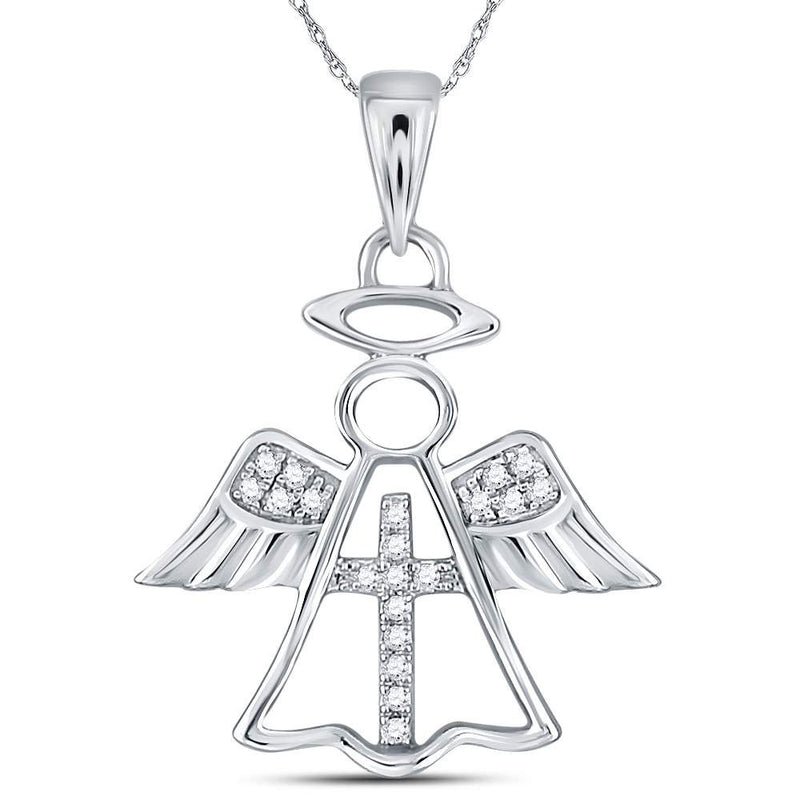 14kt White Gold Womens Round Diamond Angel Cross Religious Pendant 1/20 Cttw