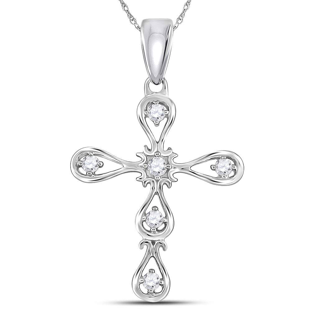 14kt White Gold Womens Round Diamond Scalloped Cross Pendant 1/12 Cttw