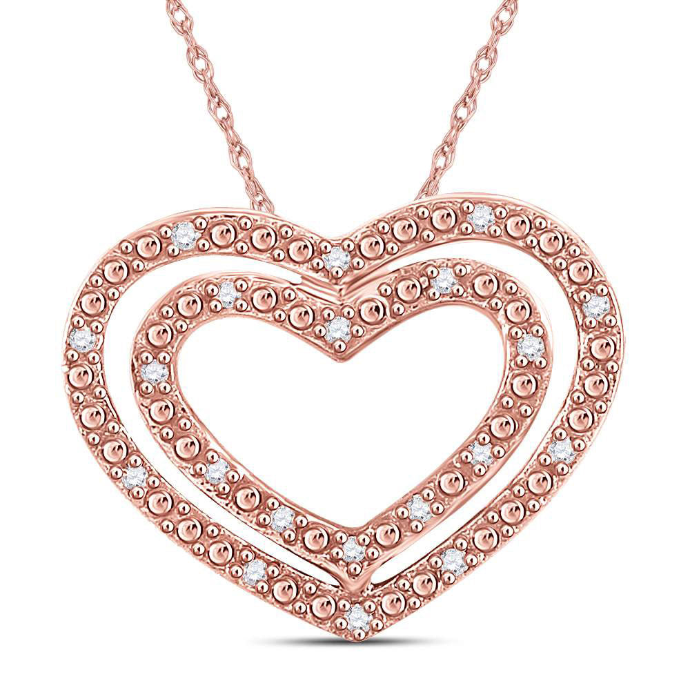 14kt Rose Gold Womens Round Diamond Double Heart Pendant 1/12 Cttw