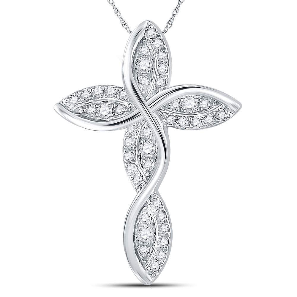 14kt White Gold Womens Round Diamond Contoured Wavy Cross Pendant 1/6 Cttw