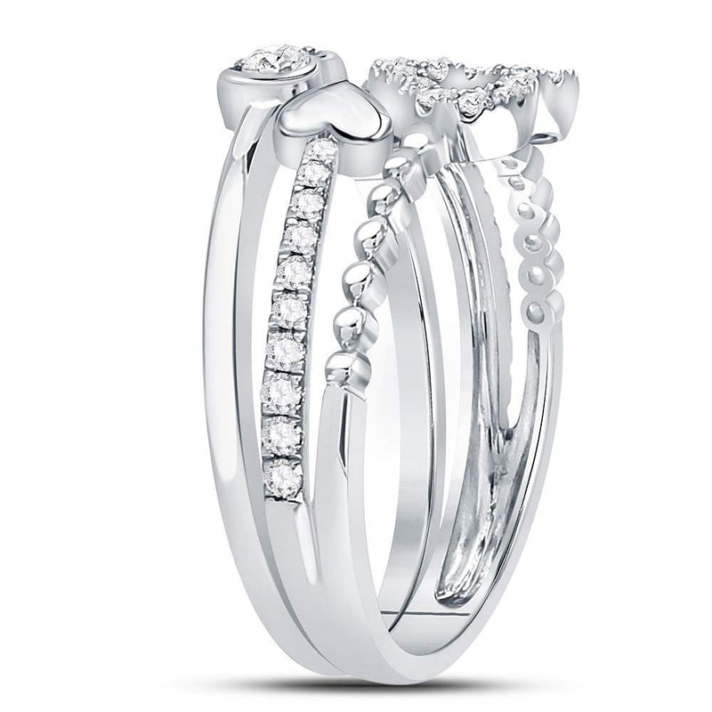 14kt White Gold Womens Round Diamond 2-Piece Beaded Heart Band Ring Set 1/3 Cttw