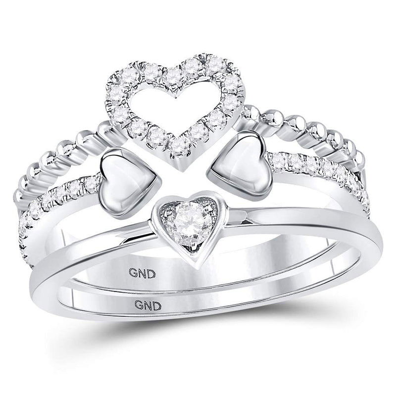 14kt White Gold Womens Round Diamond 2-Piece Beaded Heart Band Ring Set 1/3 Cttw