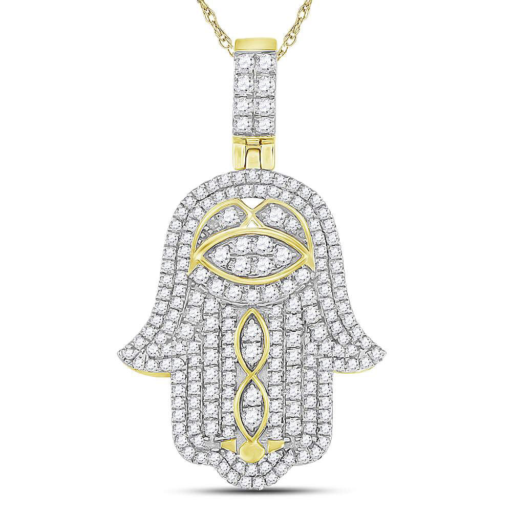 10kt Yellow Gold Mens Round Diamond Hamsa Hand Charm Pendant 1-1/2 Cttw