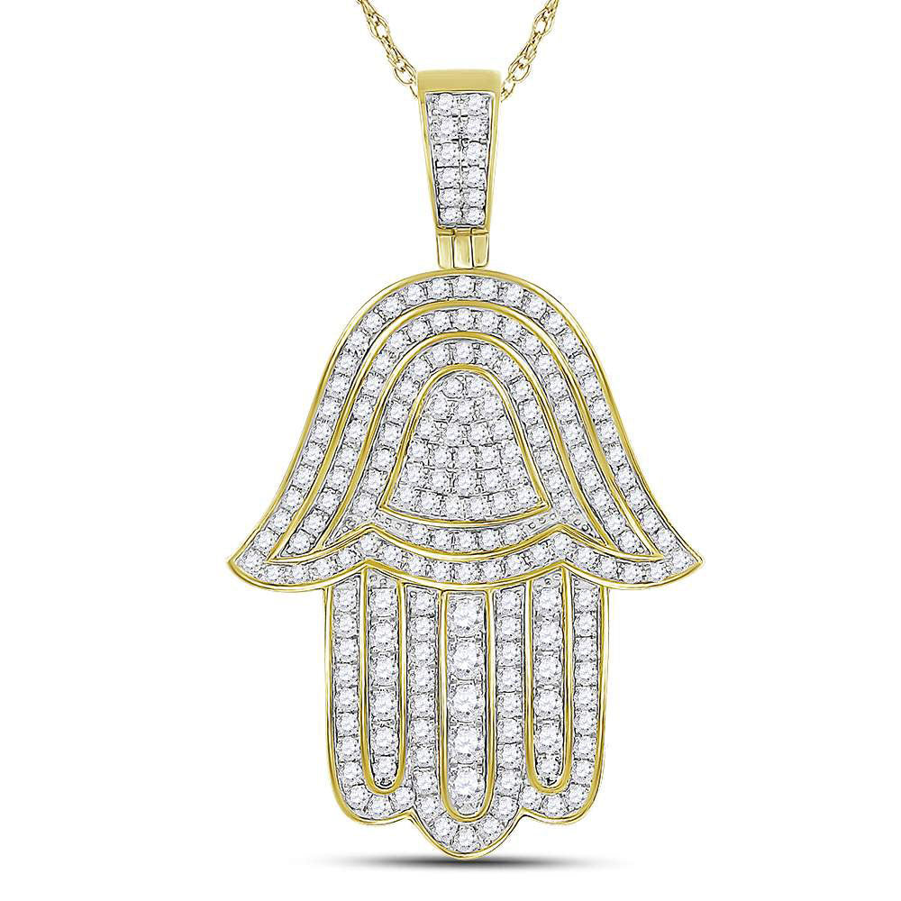 10kt Yellow Gold Mens Round Diamond Hamsa Hand Charm Pendant 1-3/4 Cttw