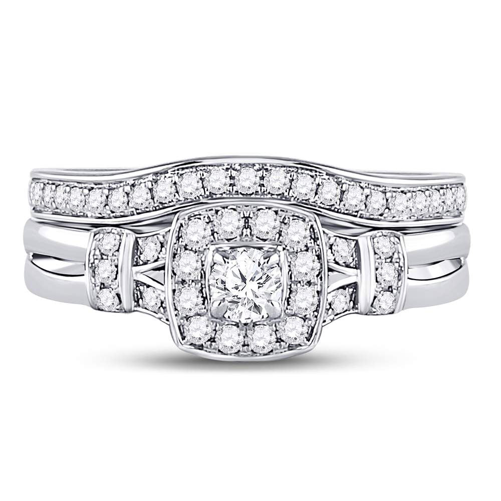 14kt White Gold Round Diamond Square Bridal Wedding Ring Band Set 1/2 Cttw