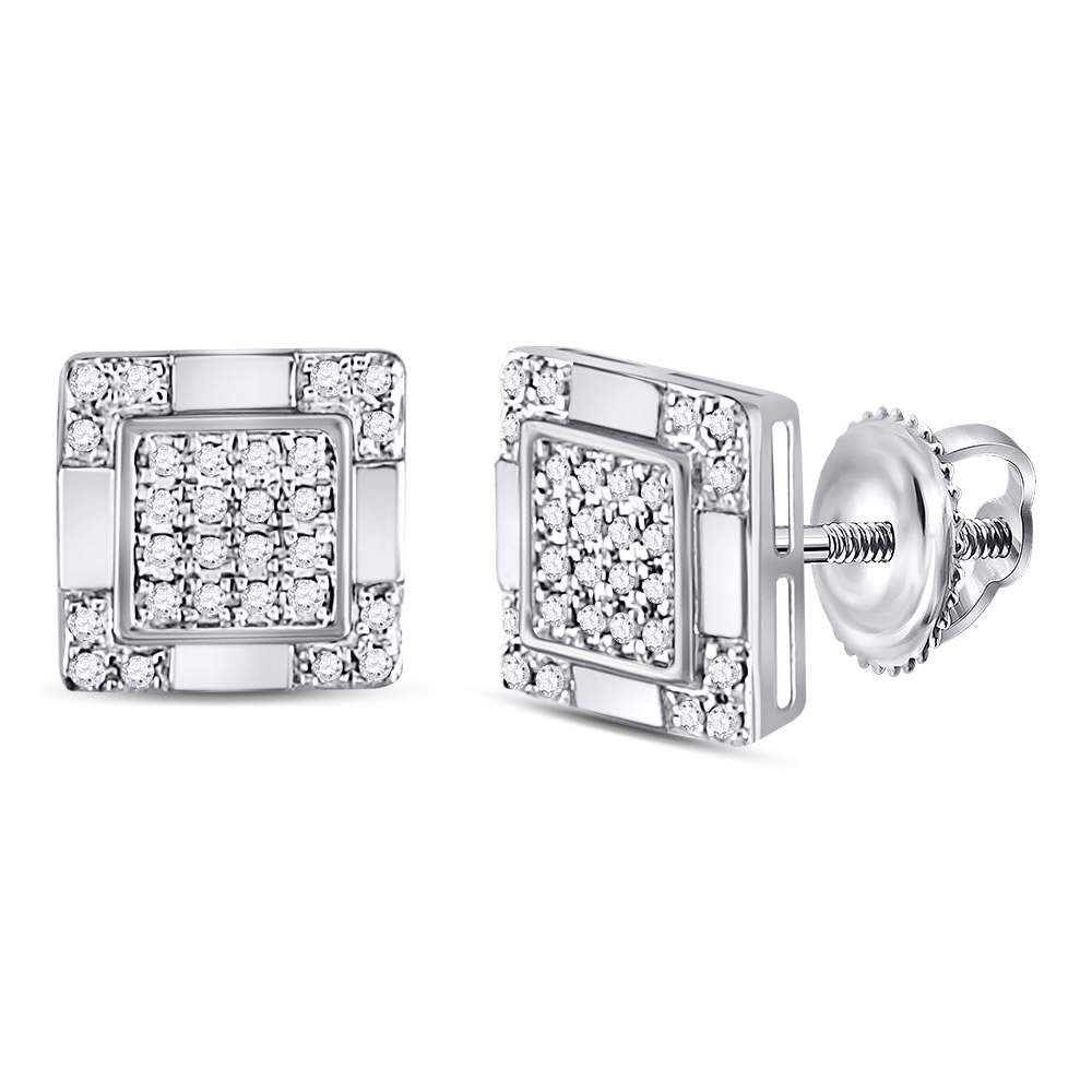 10kt White Gold Mens Round Diamond Square Cluster Stud Earrings 1/6 Cttw