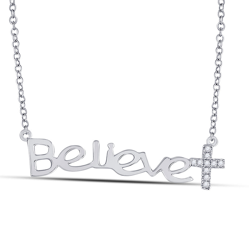 10kt White Gold Womens Round Diamond Believe Cross Necklace 1/20 Cttw